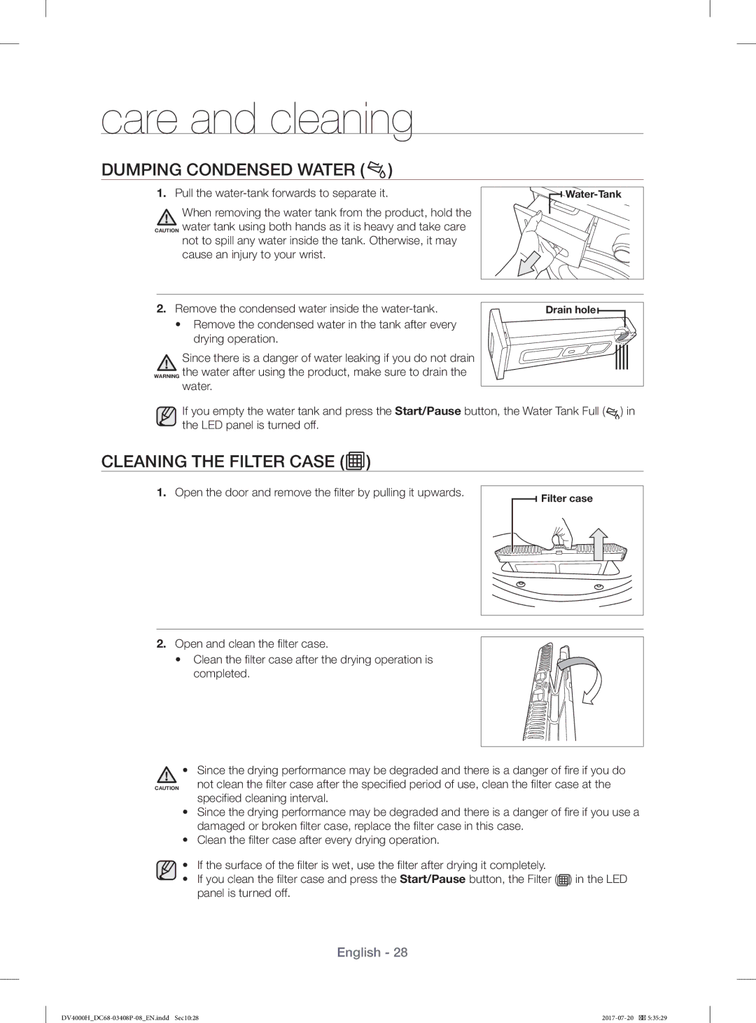 Samsung DV70H4400CW/YL, DV80H4300CW/YL manual Dumping Condensed Water, Cleaning the Filter Case 