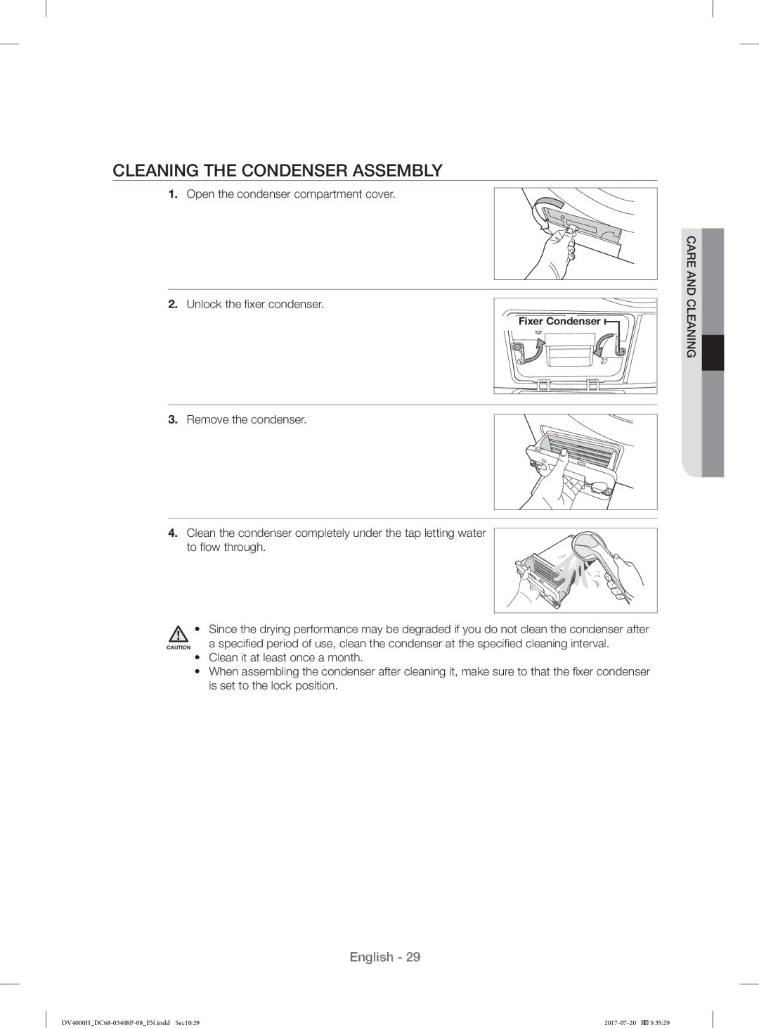 Samsung DV80H4300CW/YL, DV70H4400CW/YL manual Cleaning the Condenser Assembly 