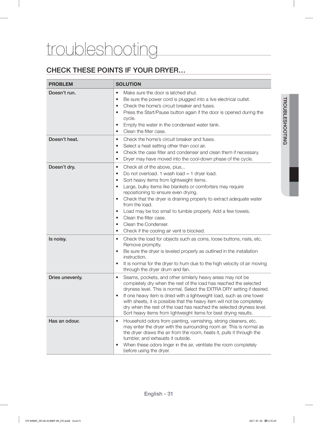 Samsung DV80H4300CW/YL, DV70H4400CW/YL manual Troubleshooting, Check These Points if Your DRYER… 