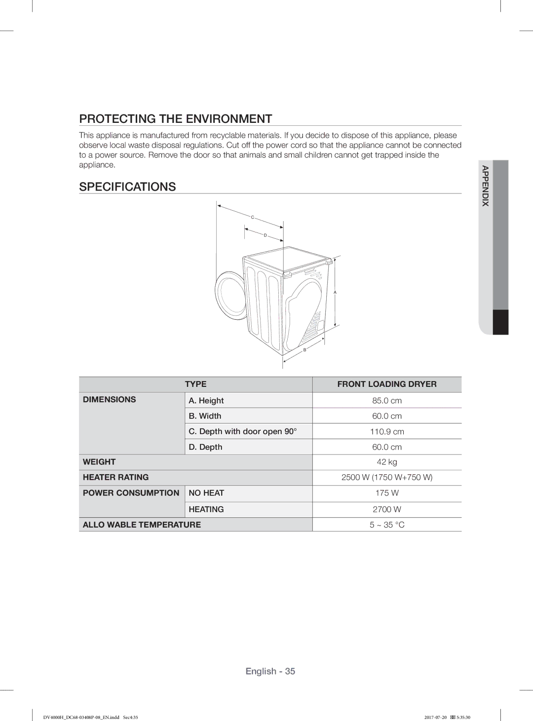 Samsung DV80H4300CW/YL, DV70H4400CW/YL manual Protecting the Environment, Specifications 