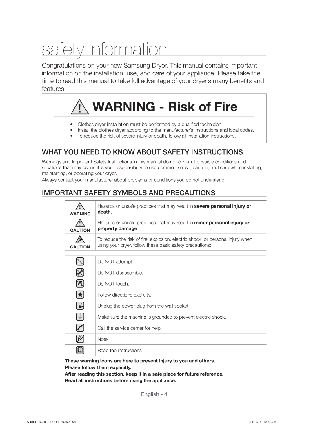 Samsung DV70H4400CW/YL manual Safety information, What YOU Need to Know about Safety Instructions, Death, Property damage 