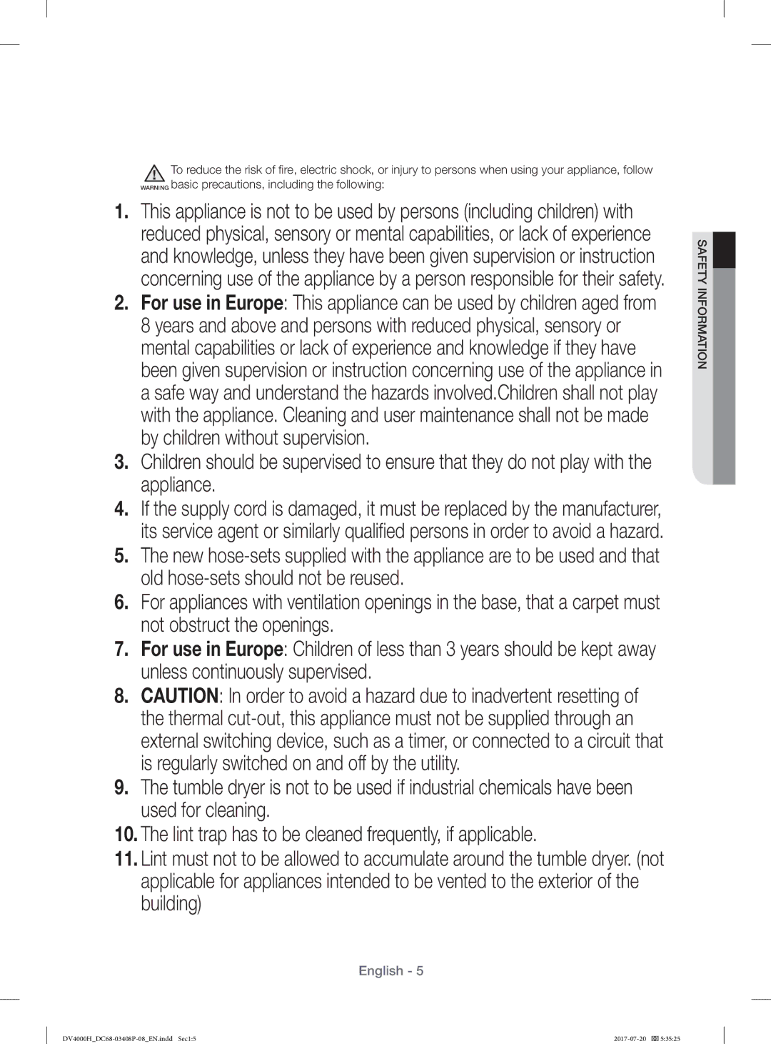 Samsung DV80H4300CW/YL, DV70H4400CW/YL manual Safety Information 