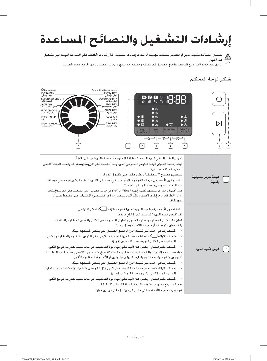 Samsung DV70H4400CW/YL manual ةﺪﻋﺎﺴﳌا ﺢﺋﺎﺼﻨﻟاو ﻞﻴﻐﺸﺘﻟا تادﺎﺷرإ, ﻢﻜﺤﺘﻟا ﺔﺣﻮﻟ ﻞﻜﺷ, ﺔﻴﻤﻗر, فﺎﻘﻳإ/ءﺪﺑ, ةروﺪﻟا ﺪﻳﺪﲢ صﺮﻗ 