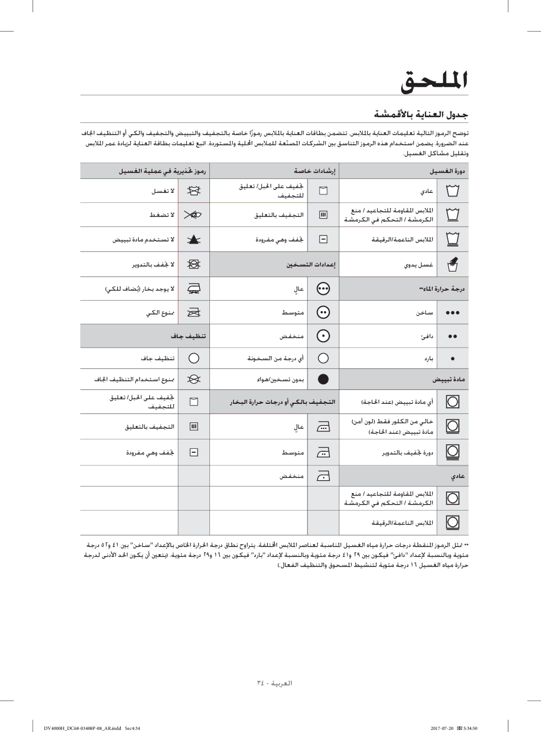 Samsung DV70H4400CW/YL, DV80H4300CW/YL manual ﻖﺤﻠﳌا, ﺔﺸﻤﻗﻷﺎﺑ ﺔﻳﺎﻨﻌﻟا لوﺪﺟ 