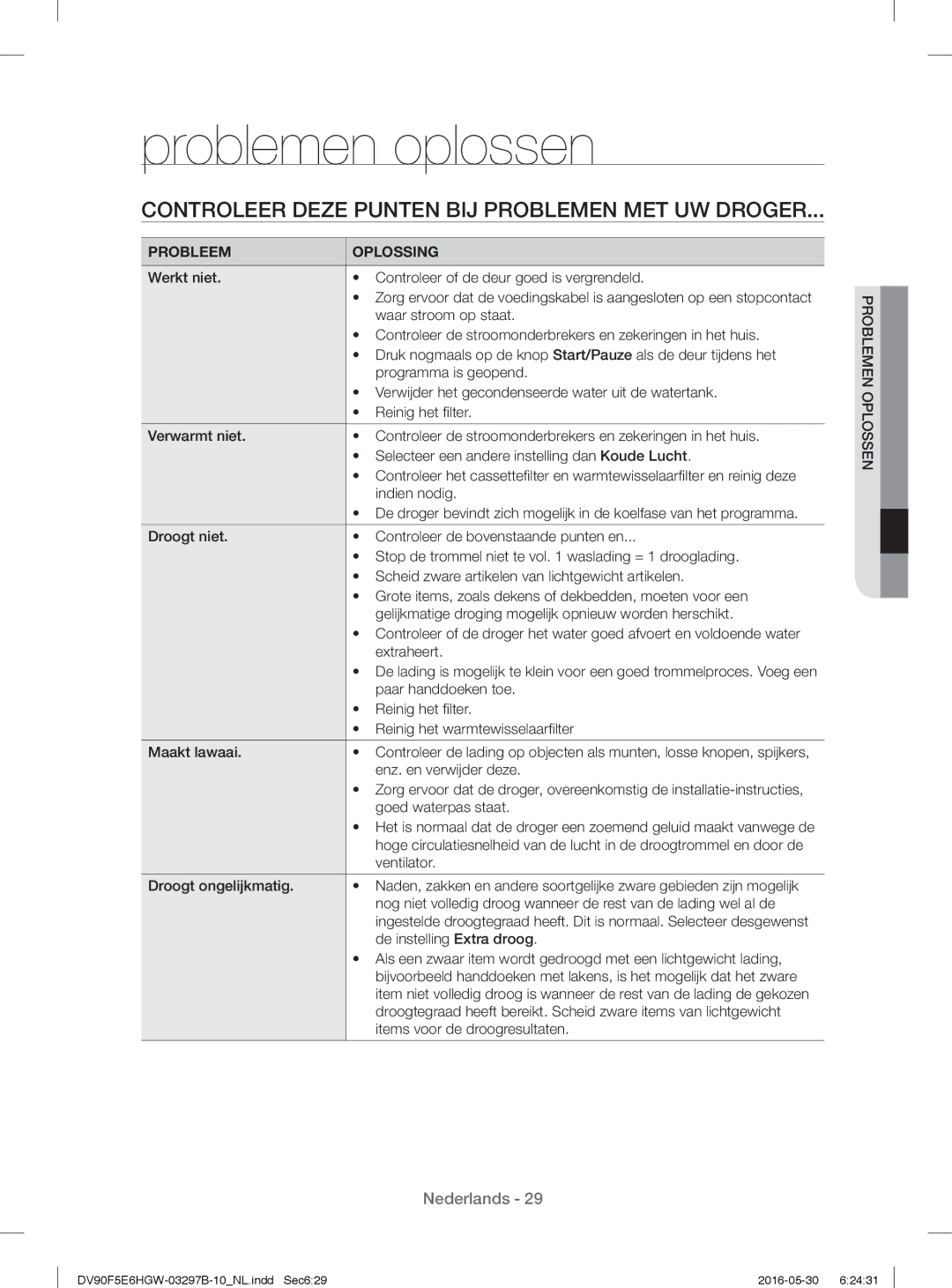 Samsung DV71F5E0HGW/EN manual Problemen oplossen, Controleer Deze Punten BĲ Problemen MET UW Droger, Probleem Oplossing 