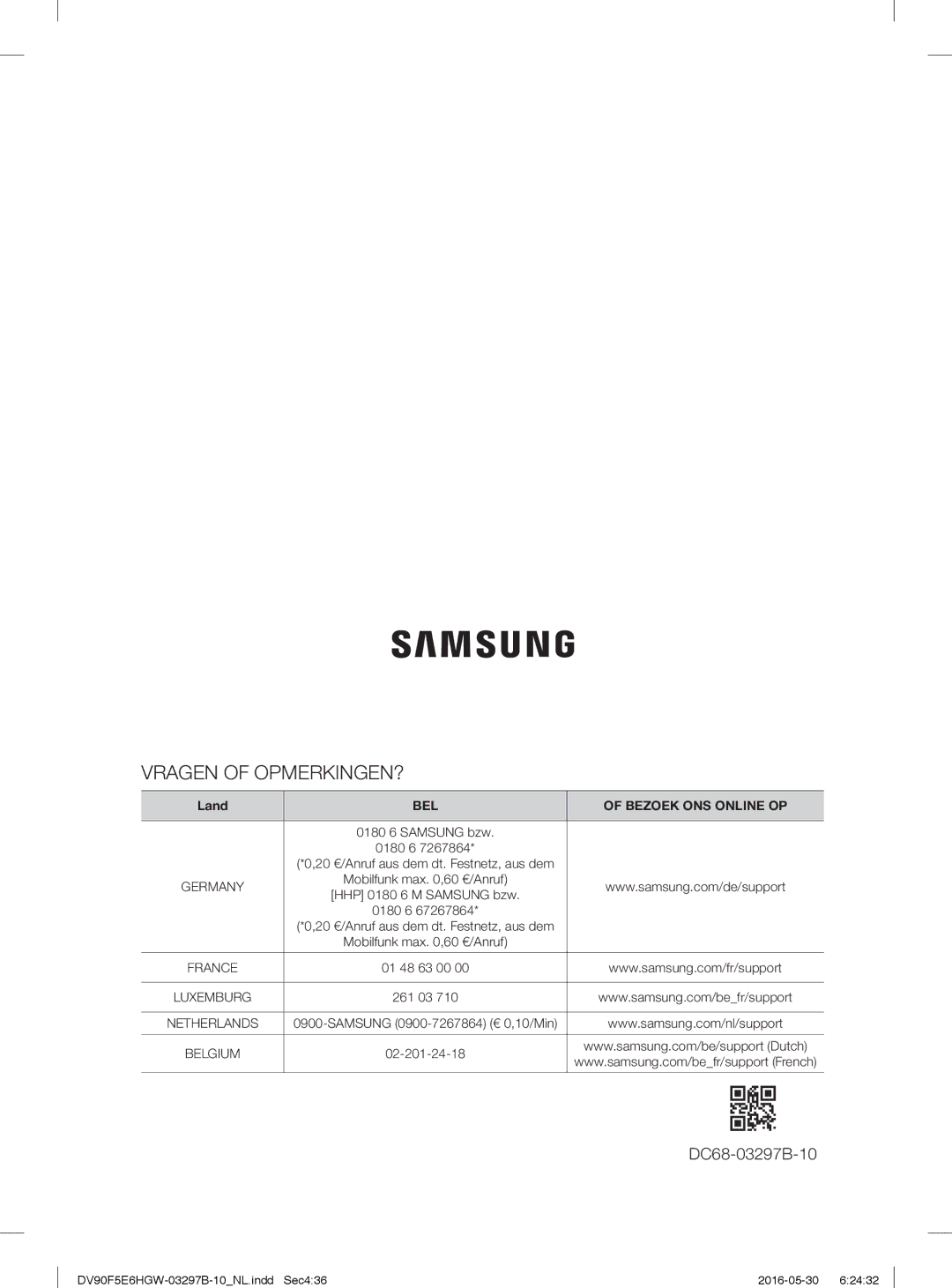 Samsung DV71F5E0HGW/EN manual Vragen of OPMERKINGEN? 