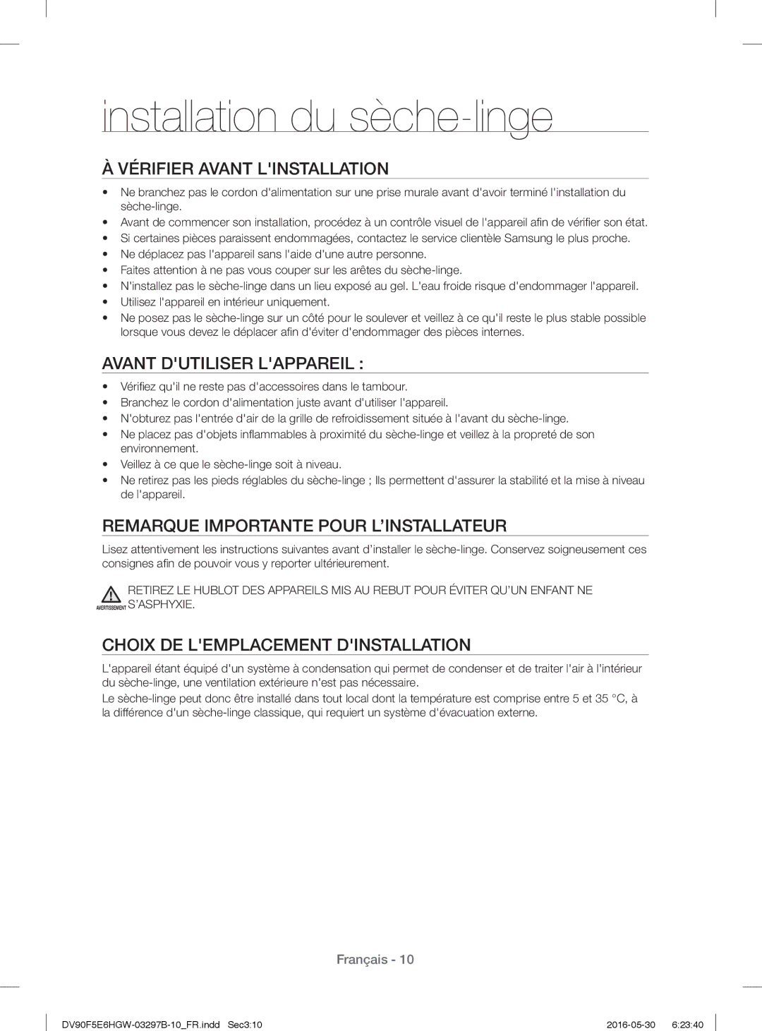 Samsung DV71F5E0HGW/EN Vérifier Avant Linstallation, Avant Dutiliser Lappareil, Remarque Importante Pour L’INSTALLATEUR 