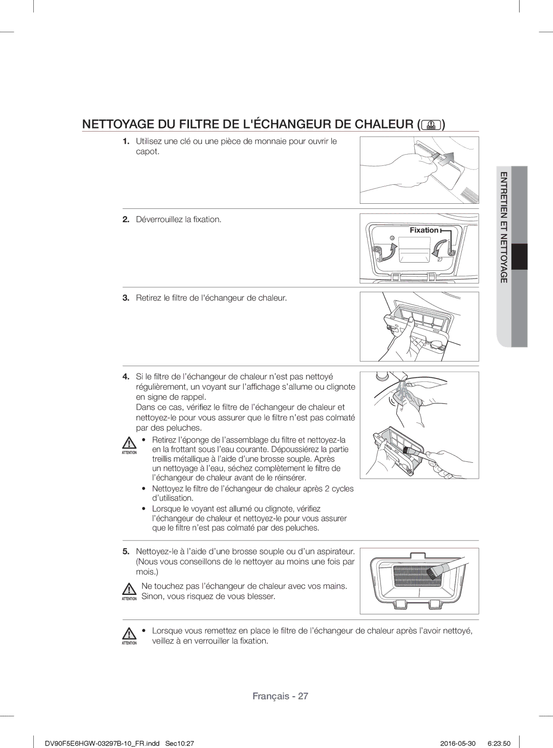 Samsung DV71F5E0HGW/EN manual Nettoyage DU Filtre DE Léchangeur DE Chaleur 