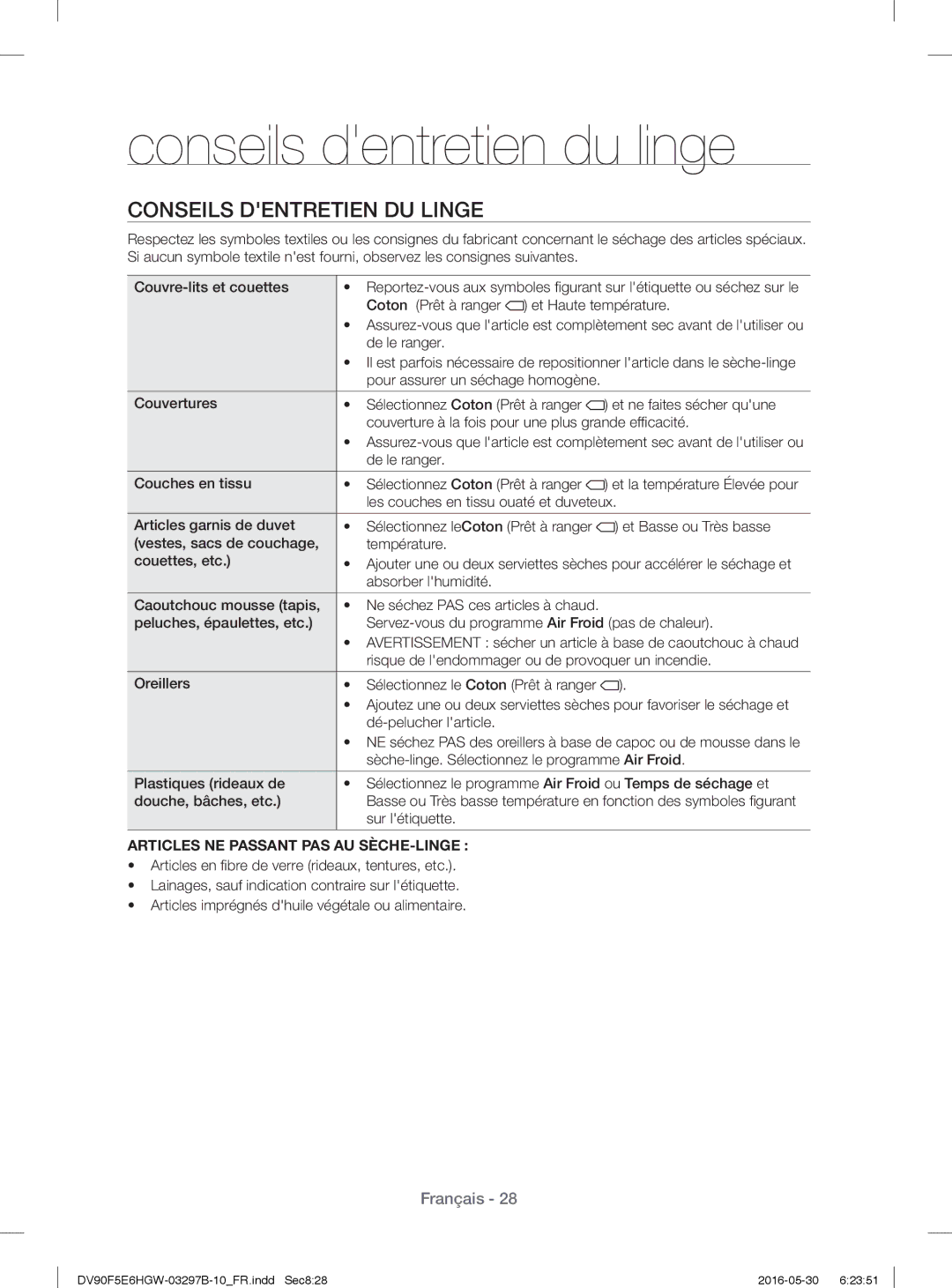 Samsung DV71F5E0HGW/EN Conseils dentretien du linge, Conseils Dentretien DU Linge, Articles NE Passant PAS AU SÈCHE-LINGE 