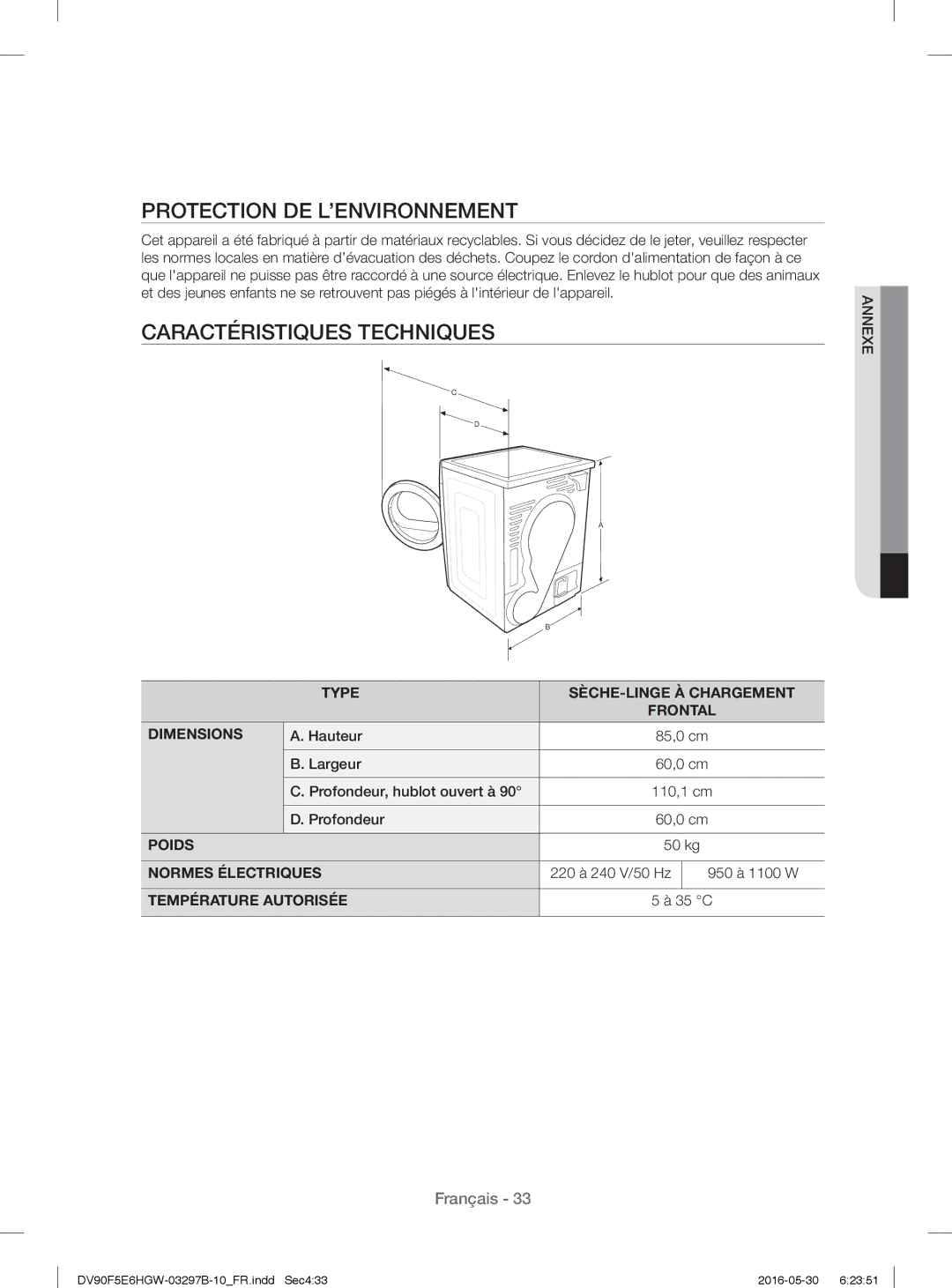 Samsung DV71F5E0HGW/EN manual Protection DE L’ENVIRONNEMENT, Caractéristiques Techniques 