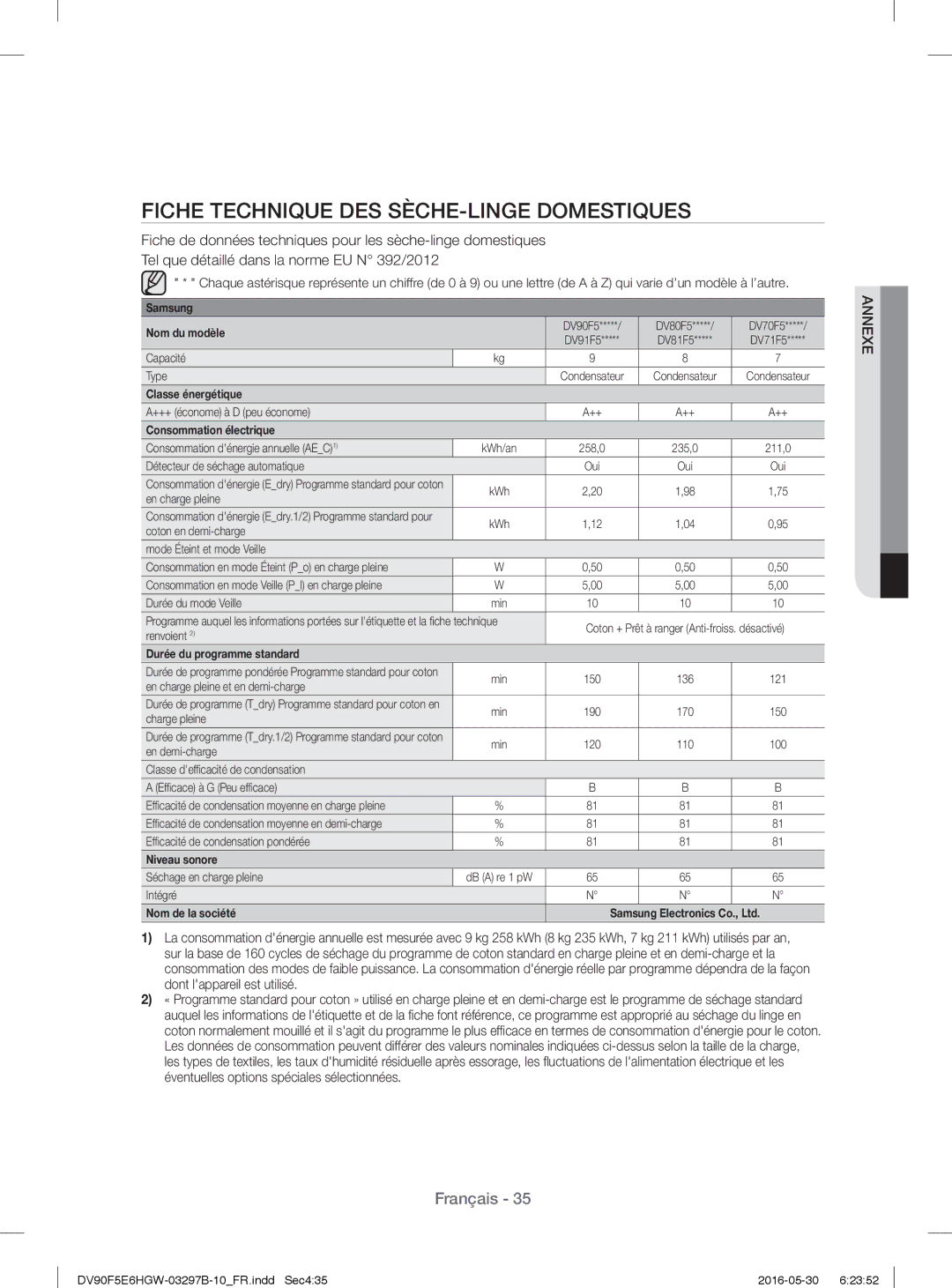 Samsung DV71F5E0HGW/EN manual Fiche Technique DES SÈCHE-LINGE Domestiques, Consommation électrique 