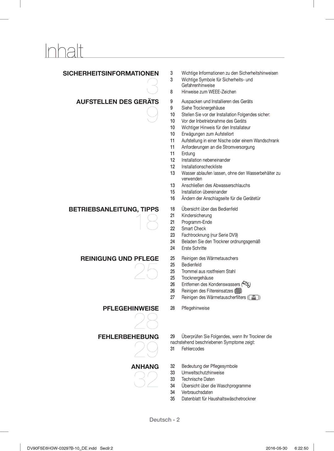 Samsung DV71F5E0HGW/EN manual Inhalt, Wichtige Informationen zu den Sicherheitshinweisen 