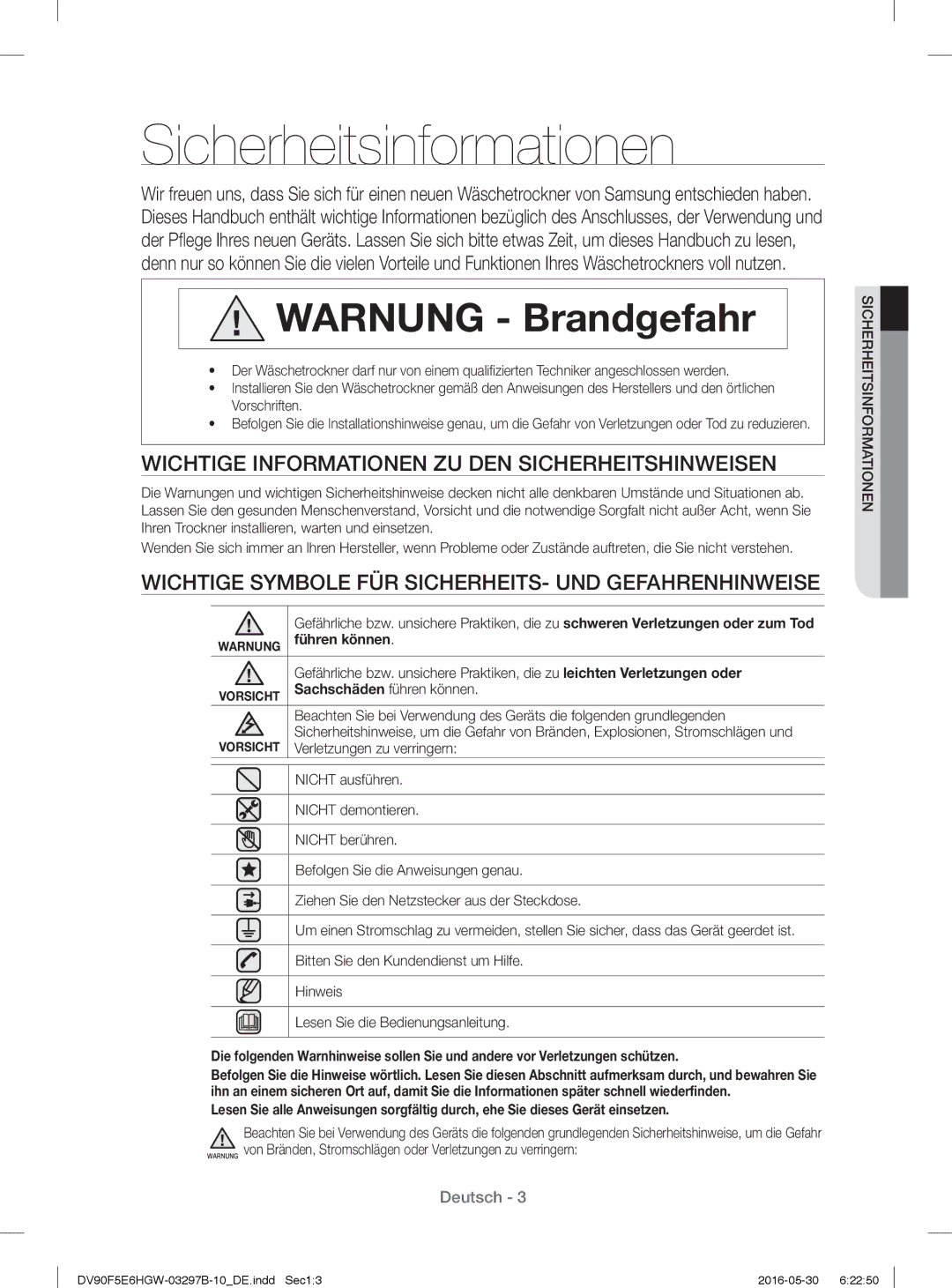 Samsung DV71F5E0HGW/EN manual Sicherheitsinformationen, Wichtige Informationen ZU DEN Sicherheitshinweisen, Führen können 