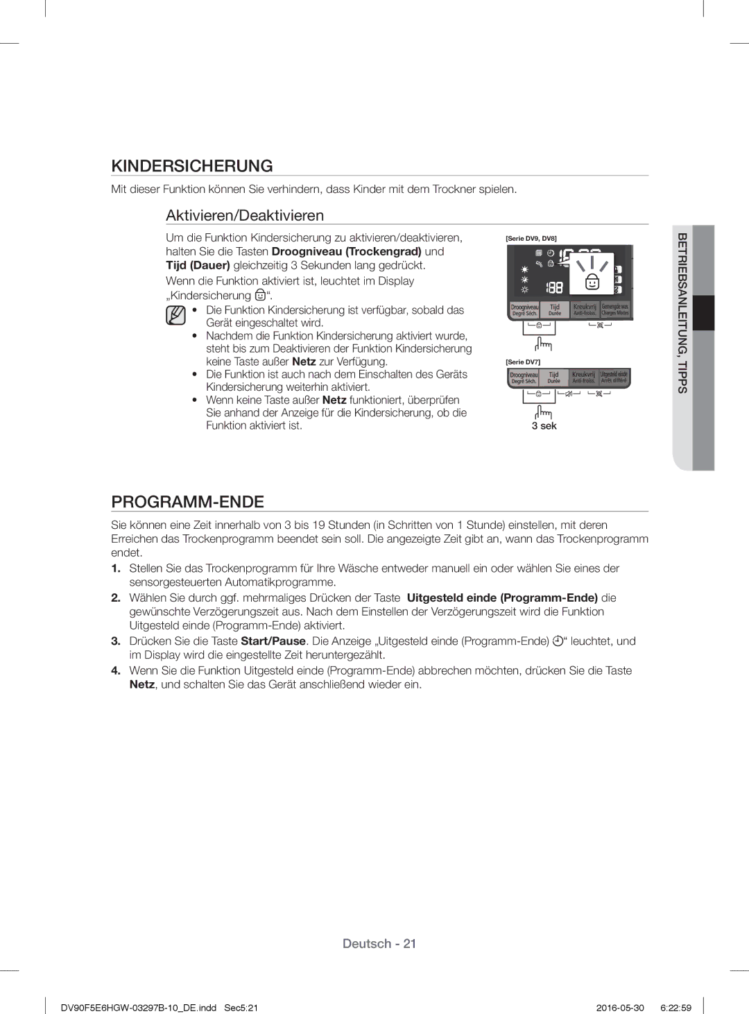 Samsung DV71F5E0HGW/EN manual Kindersicherung, Programm-Ende 