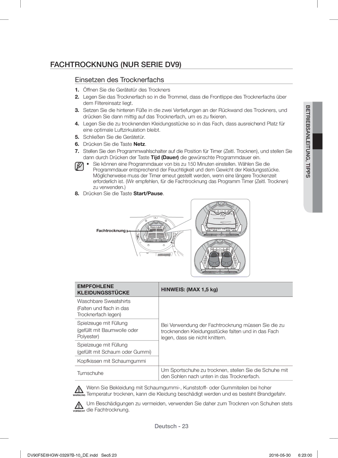 Samsung DV71F5E0HGW/EN manual Fachtrocknung NUR Serie DV9, Empfohlene, Hinweis MAX 1,5 kg, Kleidungsstücke 