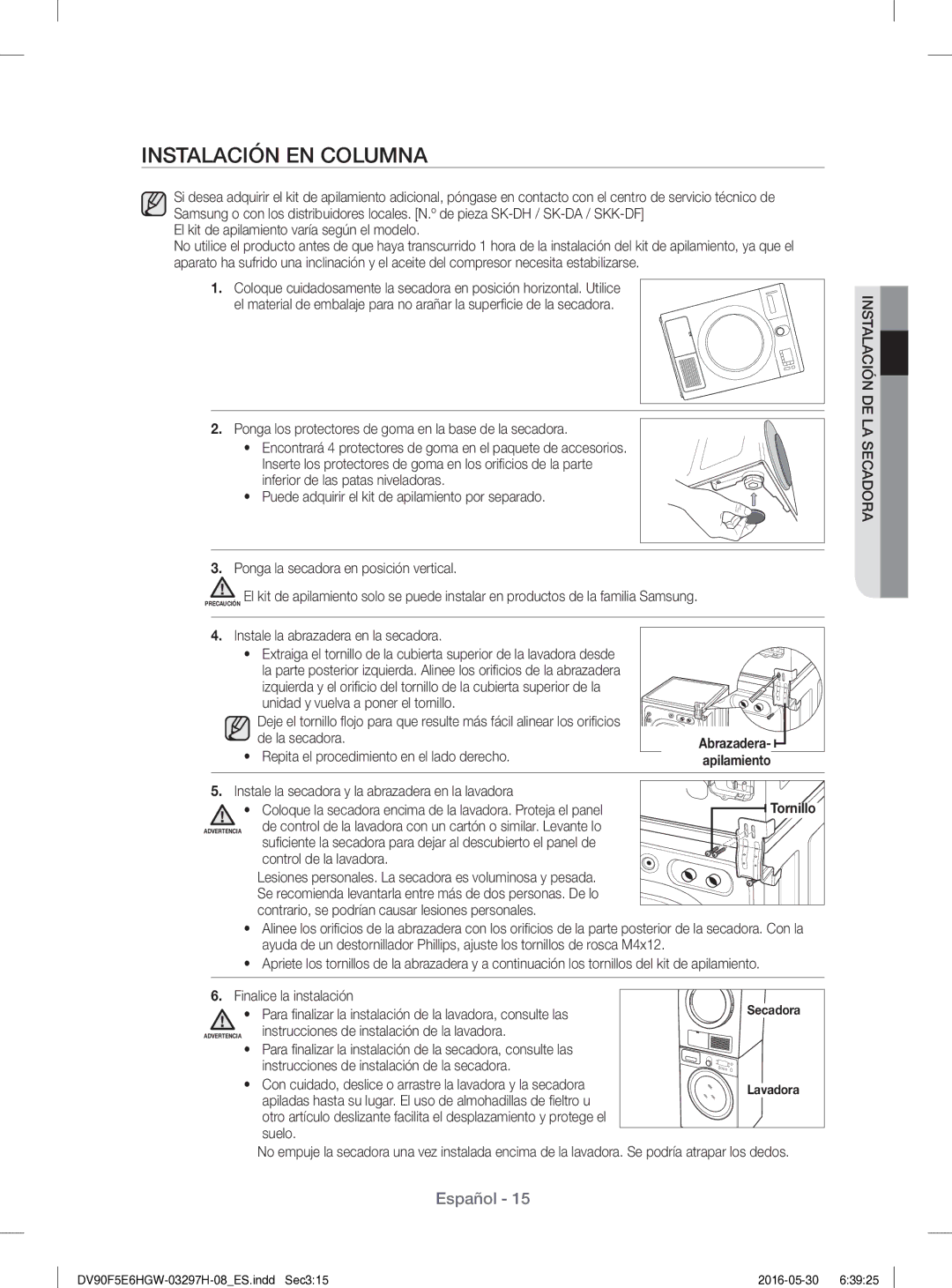 Samsung DV80F5E5HGW/EC manual Instalación EN Columna, Tornillo 