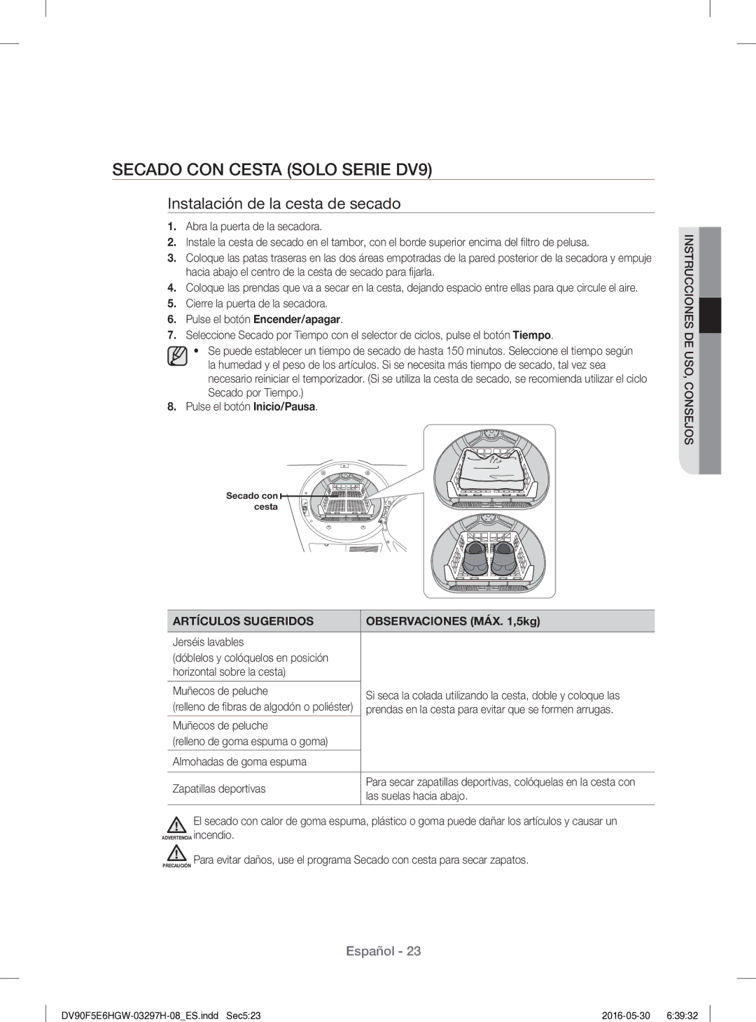 Samsung DV80F5E5HGW/EC manual Secado CON Cesta Solo Serie DV9, Observaciones MÁX ,5kg 