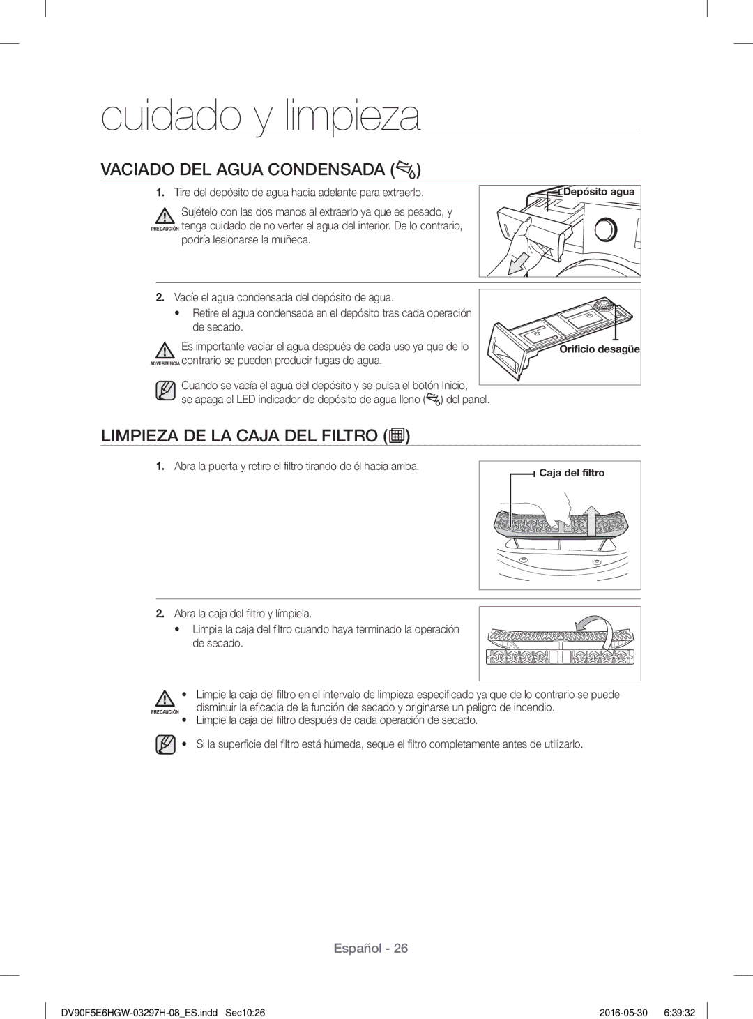 Samsung DV80F5E5HGW/EC manual Vaciado DEL Agua Condensada, Limpieza DE LA Caja DEL Filtro 