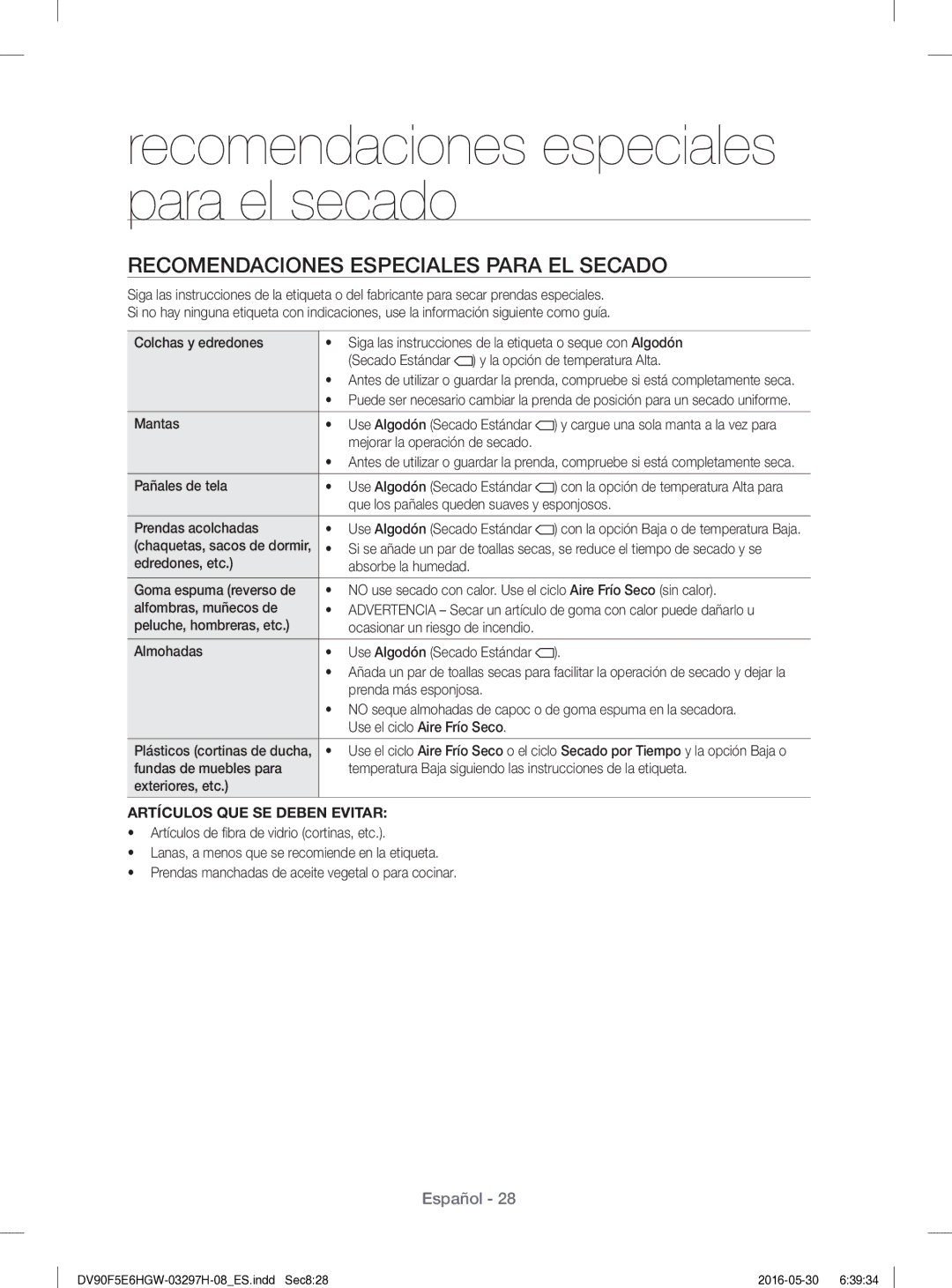 Samsung DV80F5E5HGW/EC manual Recomendaciones especiales para el secado, Recomendaciones Especiales Para EL Secado 