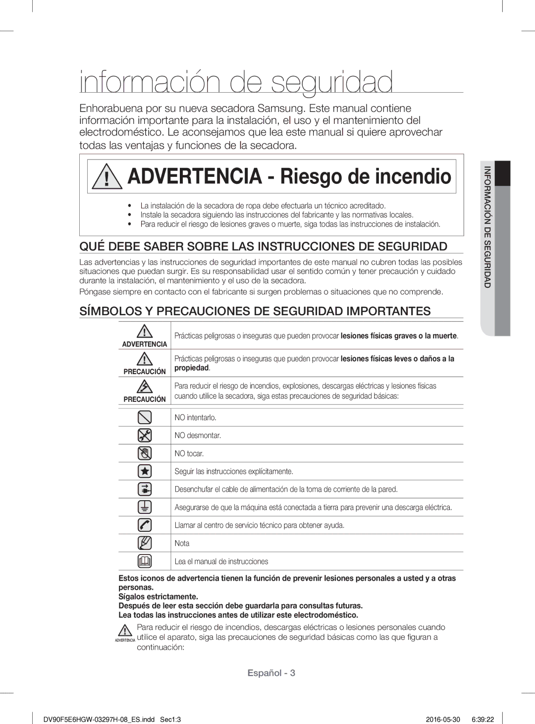 Samsung DV80F5E5HGW/EC manual Información de seguridad, QUÉ Debe Saber Sobre LAS Instrucciones DE Seguridad, Propiedad 