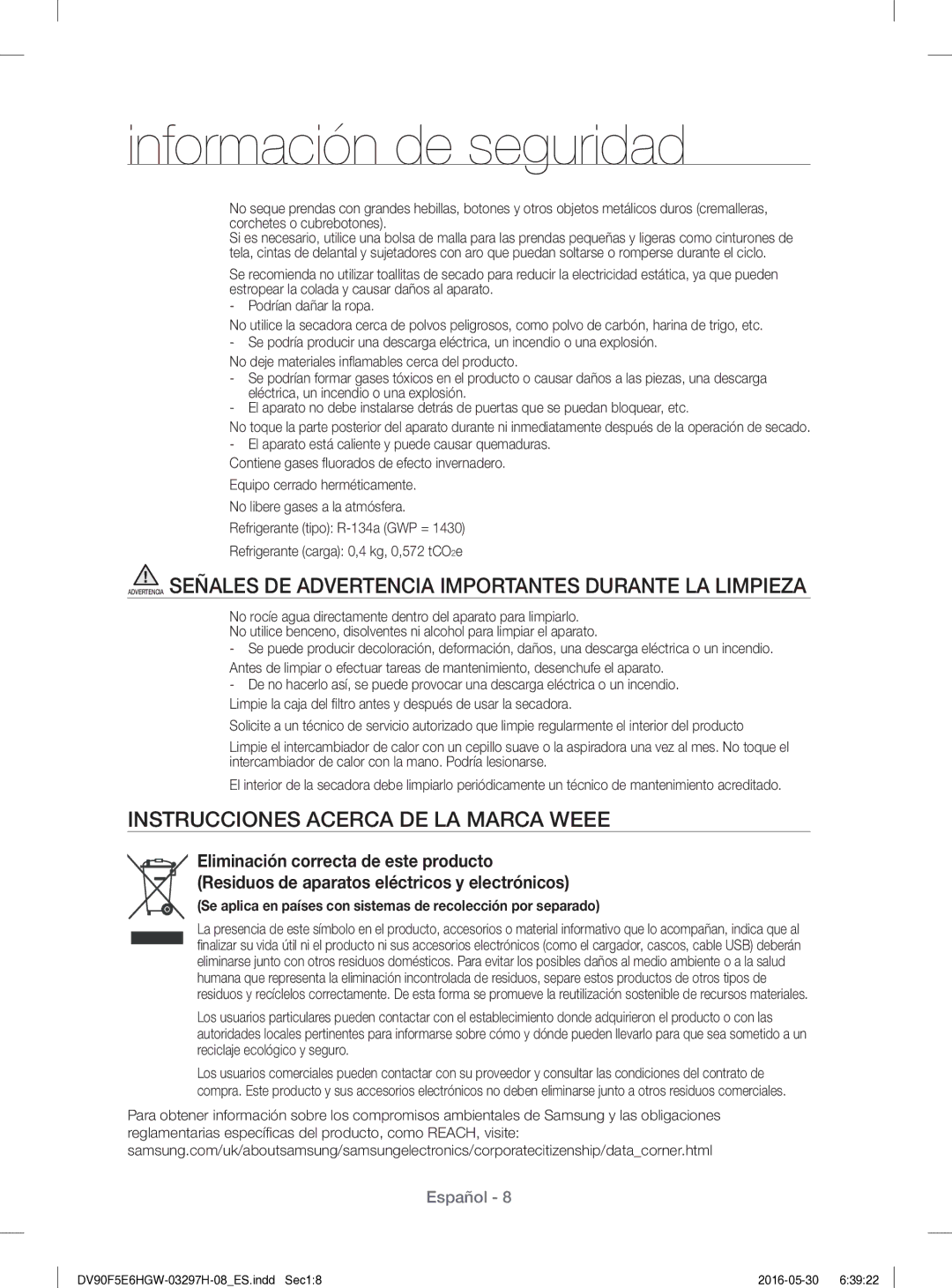 Samsung DV80F5E5HGW/EC manual Instrucciones Acerca DE LA Marca Weee 