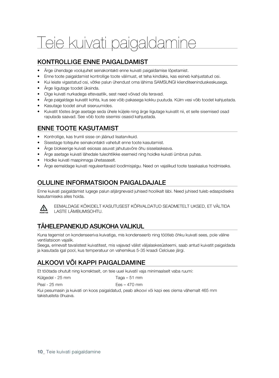 Samsung DV80F5E5HGW/EE manual Kontrollige Enne Paigaldamist, Enne Toote Kasutamist, Oluline Informatsioon Paigaldajale 