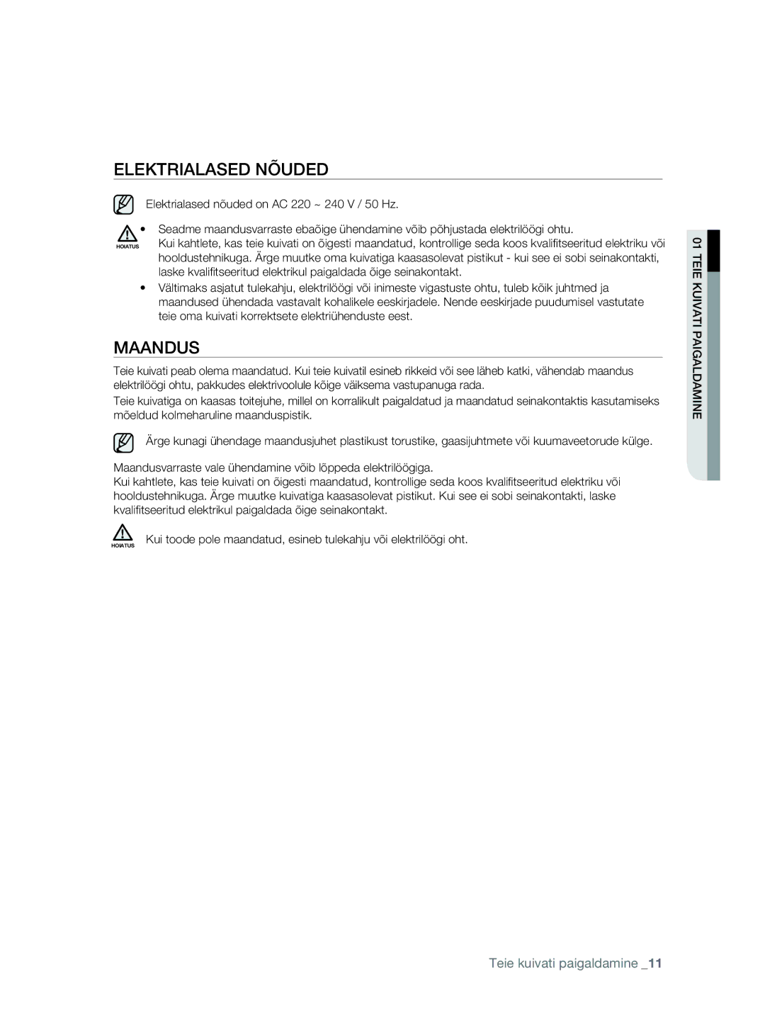 Samsung DV80F5E5HGW/EE manual Elektrialased Nõuded, Maandus 