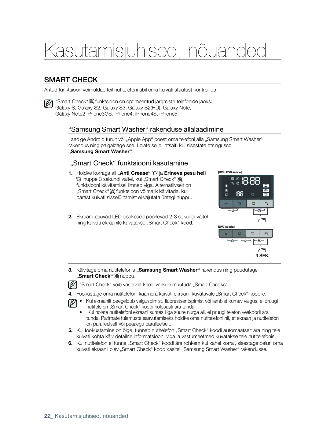 Samsung DV80F5E5HGW/EE manual Smart Check, Hoidke korraga all „Anti Crease ja Erineva pesu heli 