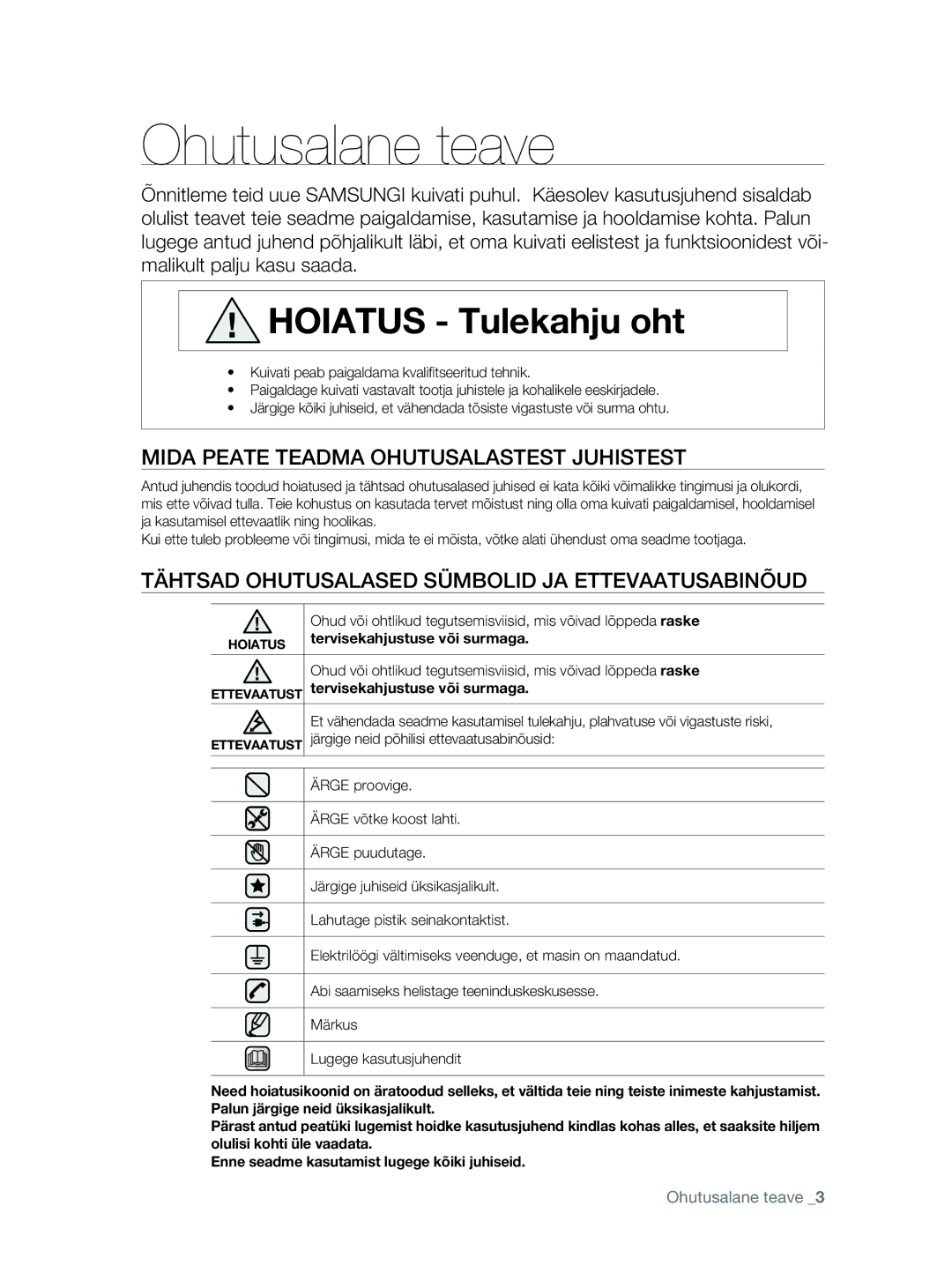 Samsung DV80F5E5HGW/EE manual Ohutusalane teave, Mida Peate Teadma Ohutusalastest Juhistest 