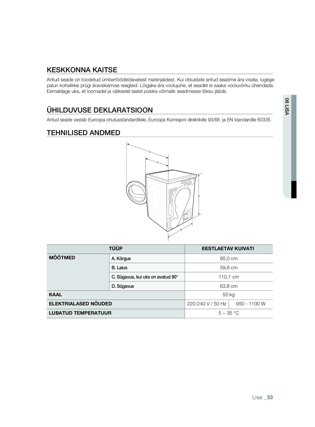 Samsung DV80F5E5HGW/EE manual Keskkonna Kaitse, Ühilduvuse Deklaratsioon, Tehnilised Andmed 