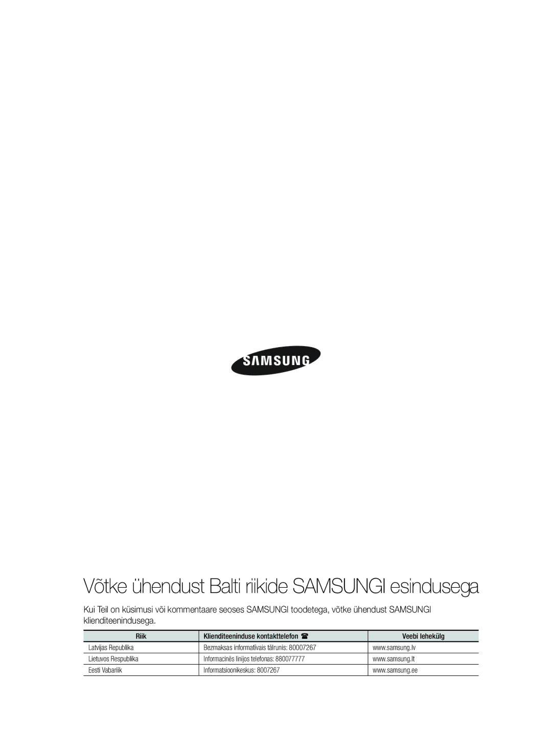 Samsung DV80F5E5HGW/EE manual Võtke ühendust Balti riikide Samsungi esindusega 