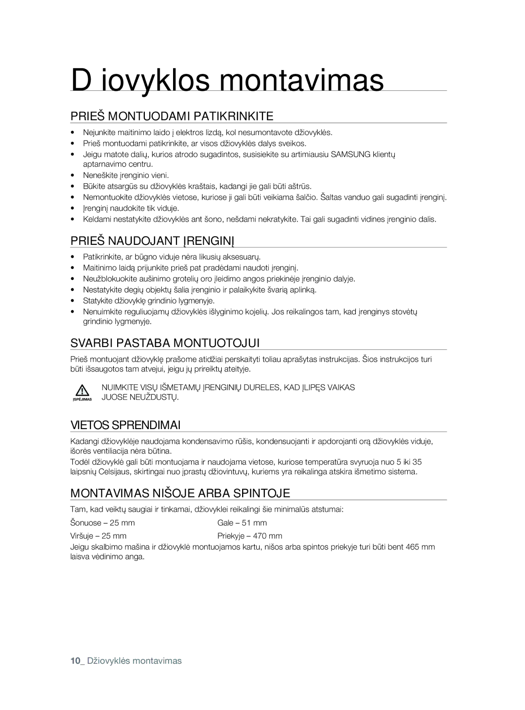 Samsung DV80F5E5HGW/EE manual Džiovyklos montavimas 