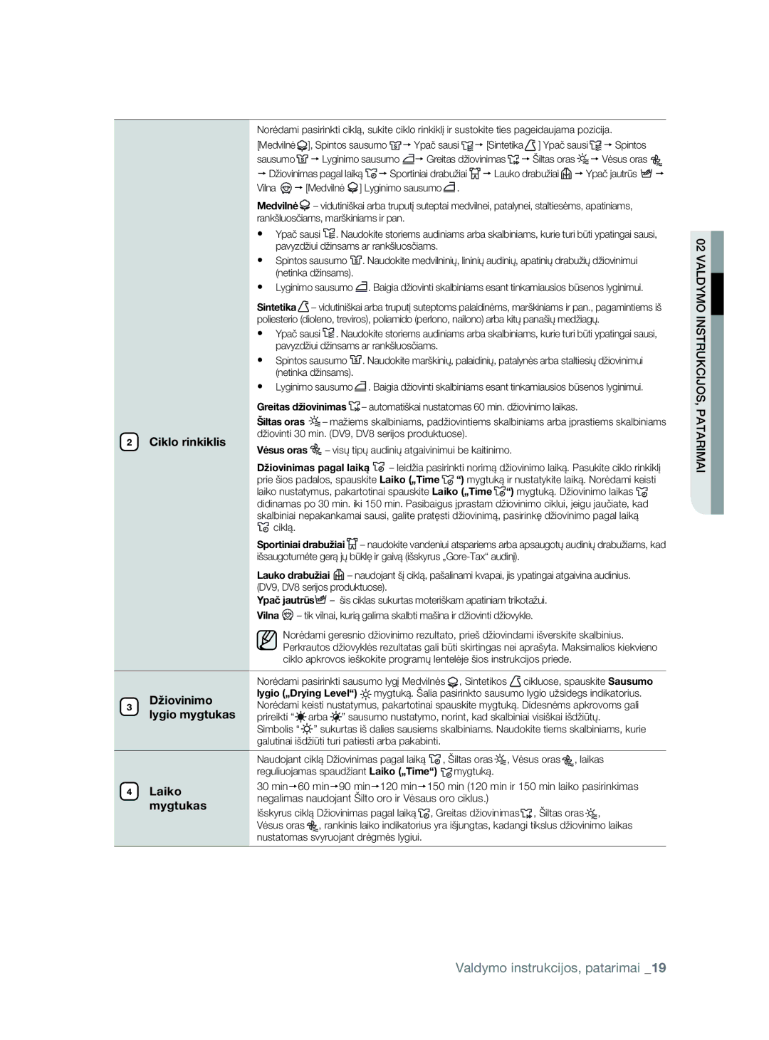 Samsung DV80F5E5HGW/EE manual Ciklo rinkiklis, Džiovinimo, Lygio mygtukas, Laiko, Mygtukas 