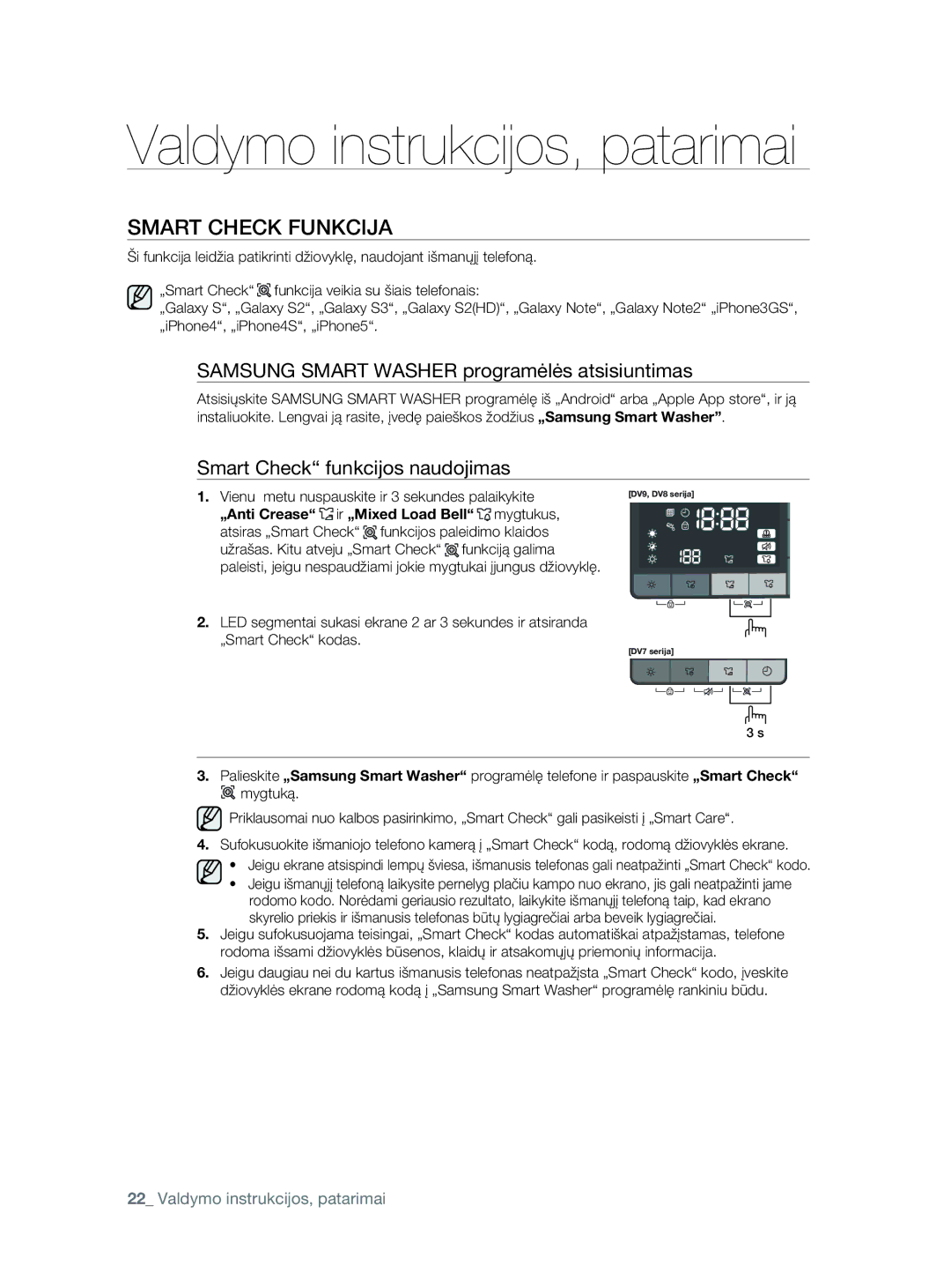 Samsung DV80F5E5HGW/EE manual Smart Check Funkcija, Vienu metu nuspauskite ir 3 sekundes palaikykite 