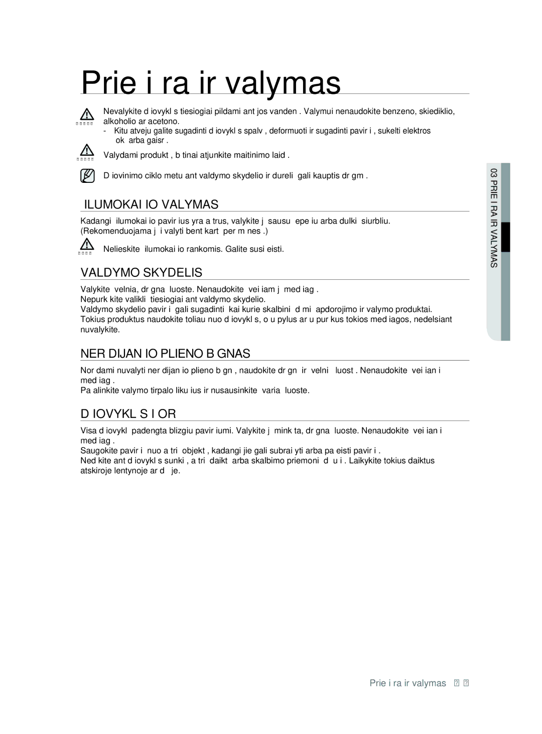 Samsung DV80F5E5HGW/EE manual Priežiūra ir valymas, Šilumokaičio Valymas, Valdymo Skydelis, Nerūdijančio Plieno Būgnas 