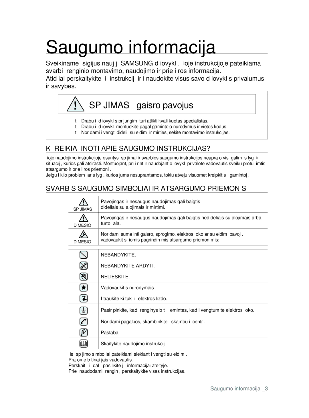 Samsung DV80F5E5HGW/EE manual Saugumo informacija, KĄ Reikia Žinoti Apie Saugumo INSTRUKCIJAS? 