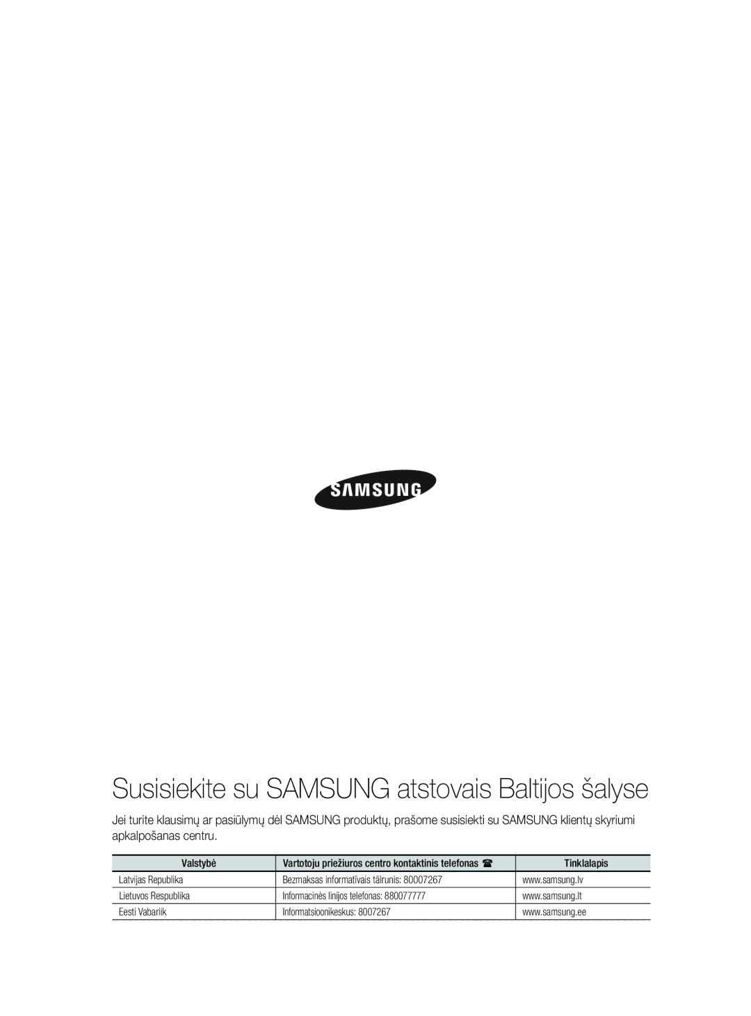 Samsung DV80F5E5HGW/EE manual Susisiekite su Samsung atstovais Baltijos šalyse 