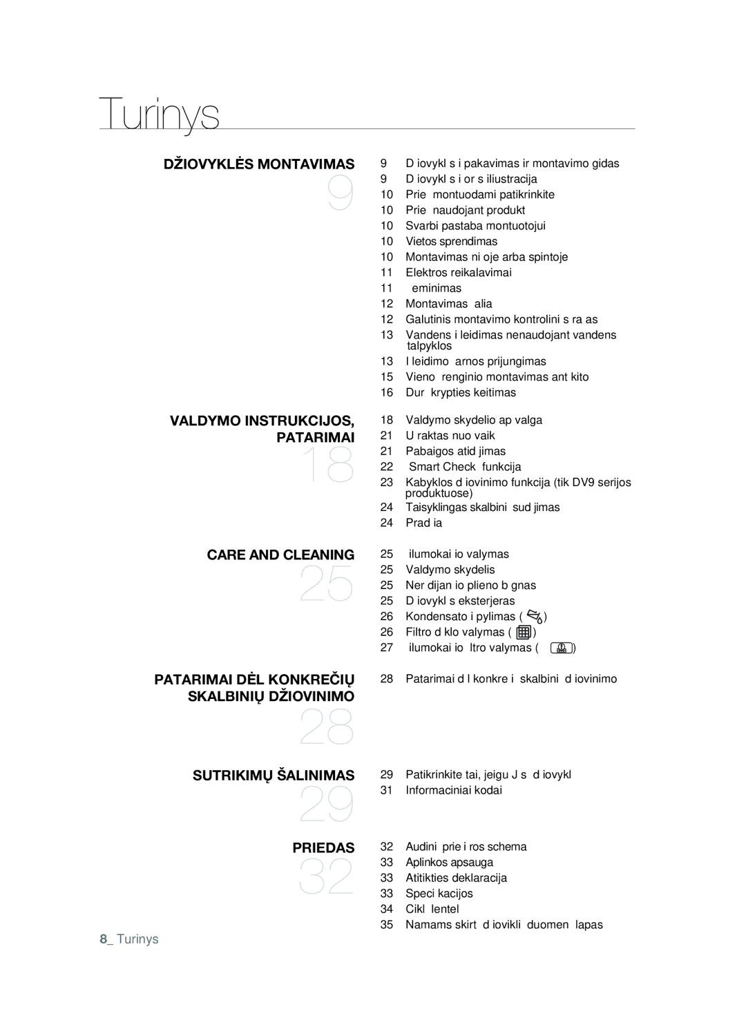 Samsung DV80F5E5HGW/EE manual Turinys 