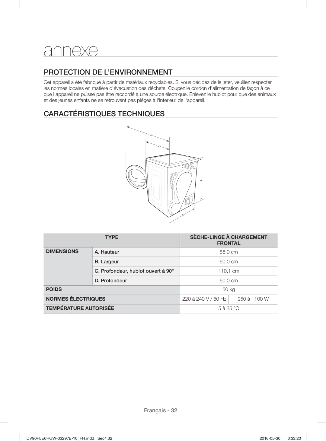 Samsung DV80F5E5HGW/EF, DV70F5E0HGW/EF manual Protection DE L’ENVIRONNEMENT, Caractéristiques Techniques 