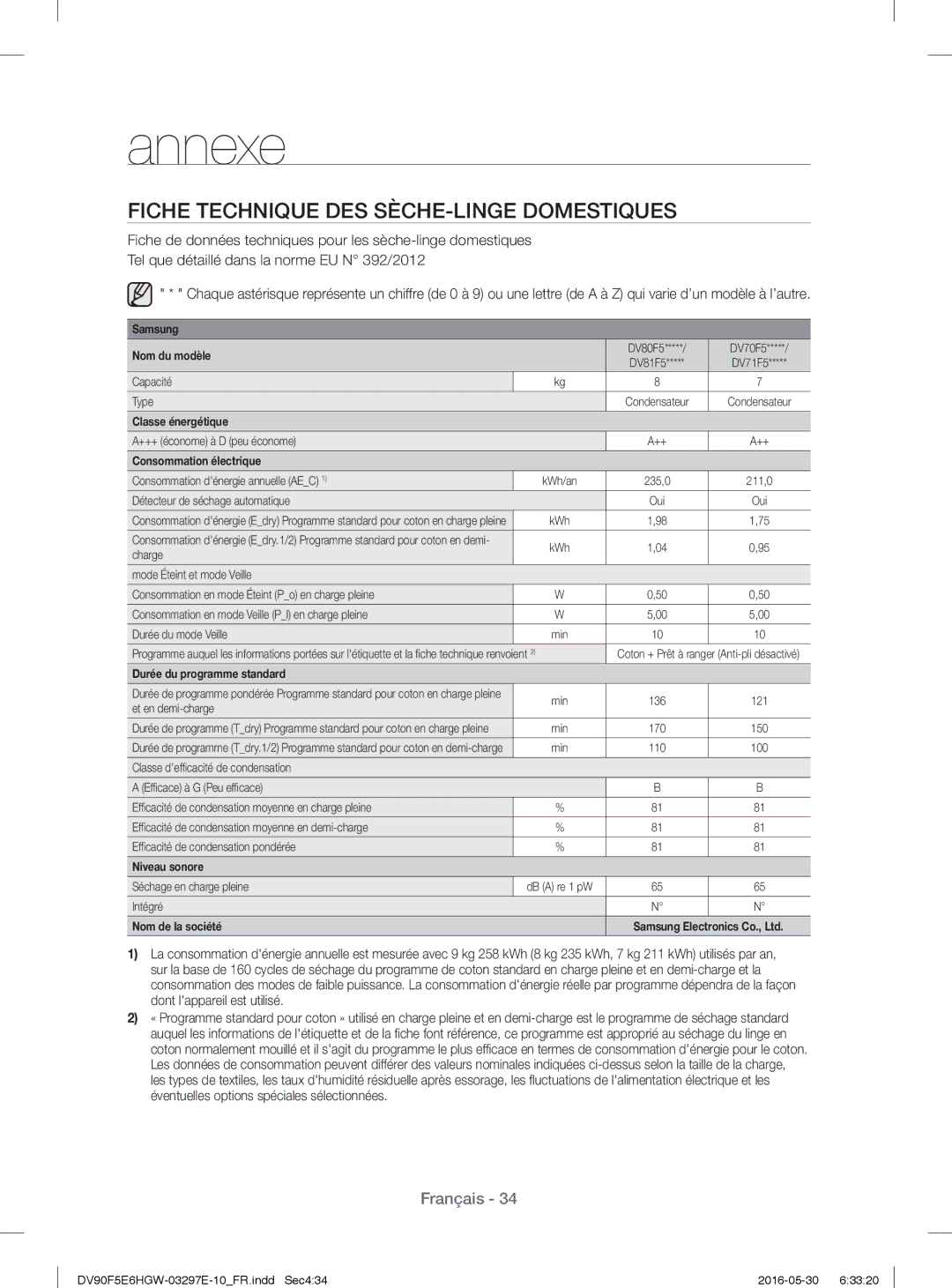 Samsung DV80F5E5HGW/EF, DV70F5E0HGW/EF manual Fiche Technique DES SÈCHE-LINGE Domestiques, Consommation électrique 