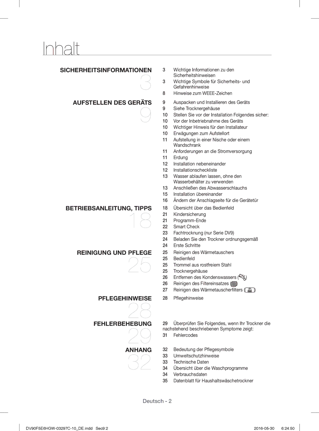 Samsung DV90F5E6HGW/EG, DV80F5E5HGW/EG, DV70F5E0HGW/EG, DV80F5EBHGW/EG manual Inhalt 