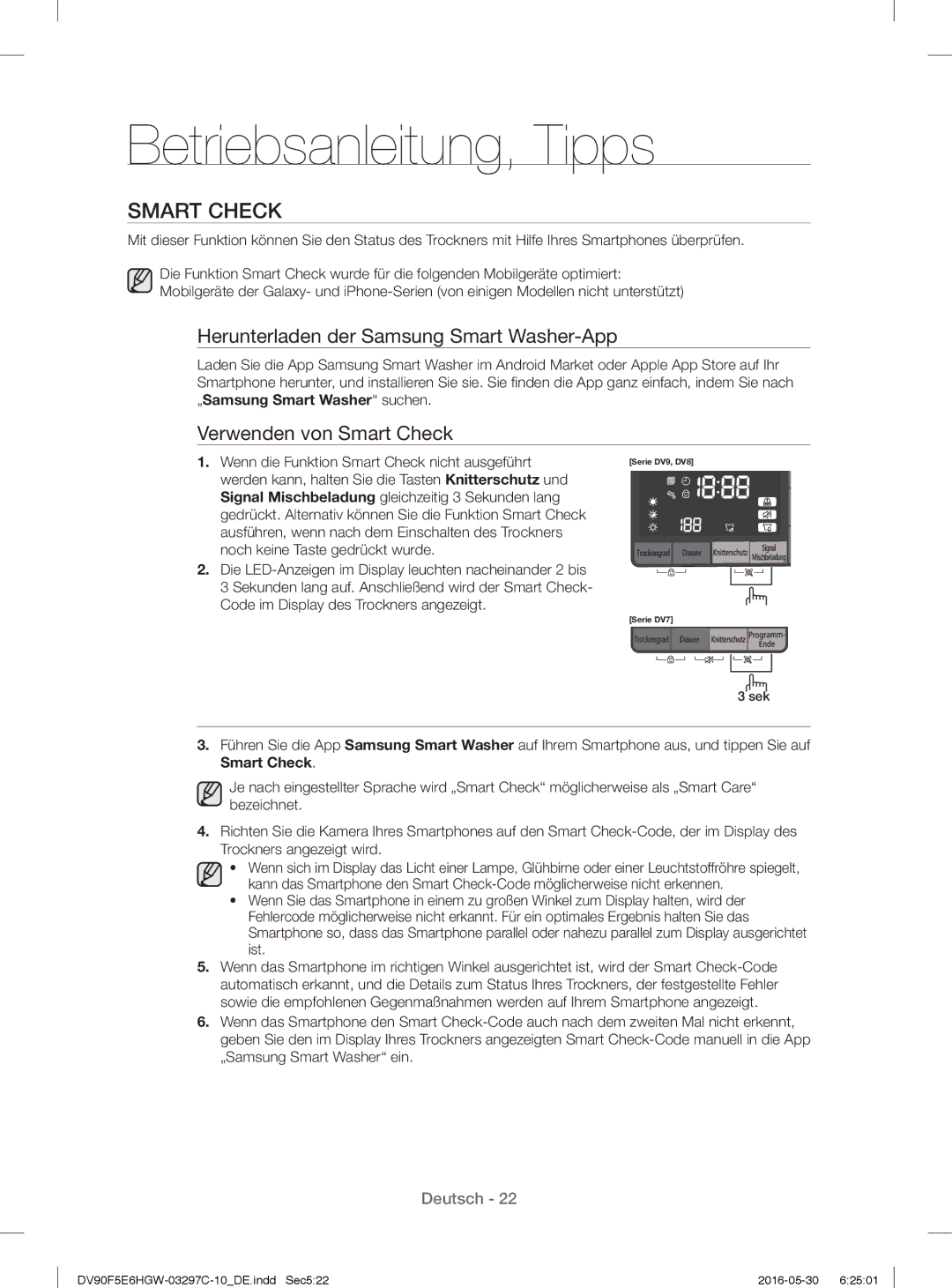 Samsung DV90F5E6HGW/EG, DV80F5E5HGW/EG, DV70F5E0HGW/EG manual Smart Check, Herunterladen der Samsung Smart Washer-App 