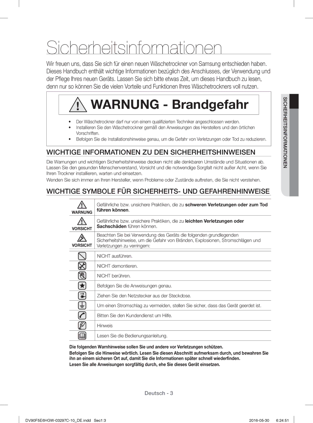 Samsung DV80F5EBHGW/EG, DV80F5E5HGW/EG manual Sicherheitsinformationen, Wichtige Informationen ZU DEN Sicherheitshinweisen 