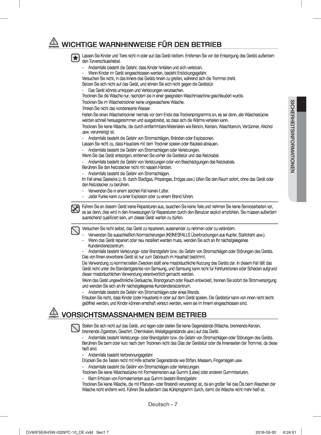 Samsung DV80F5EBHGW/EG Warnung Wichtige Warnhinweise Für Den Betrieb, Vorsicht Vorsichtsmassnahmen Beim Betrieb, Deutsch 