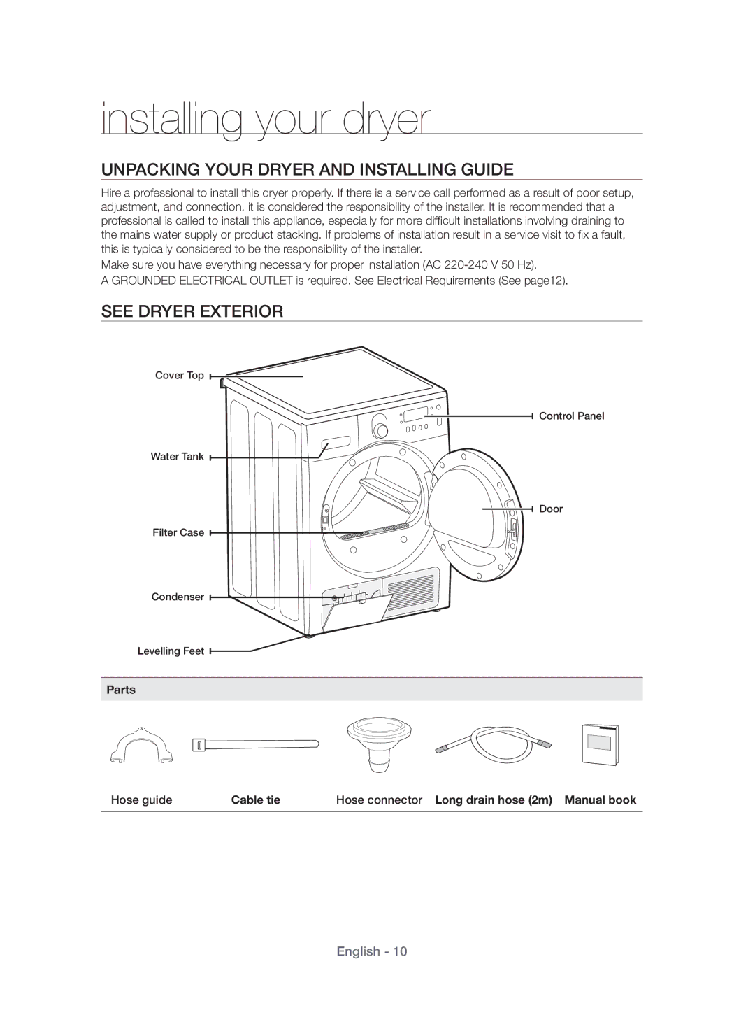 Samsung DV80H4100CW/KJ manual Installing your dryer, Unpacking Your Dryer and Installing Guide, See Dryer Exterior, Parts 