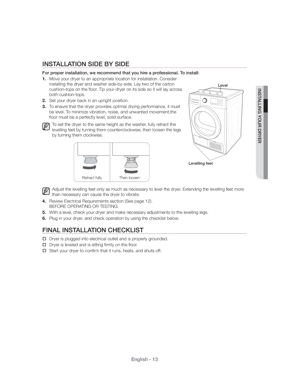 Samsung DV70H4400CW/KJ, DV80H4100CW/KJ manual Installation Side by Side, Final Installation Checklist 