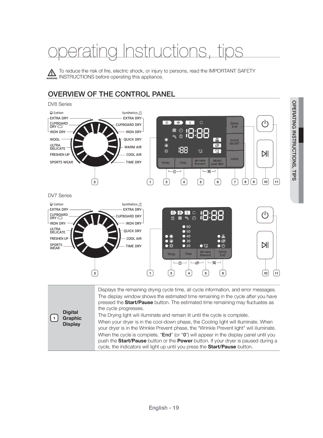 Samsung DV70H4400CW/KJ, DV80H4100CW/KJ Operating Instructions, tips, Overview of the Control Panel, DV8 Series DV7 Series 