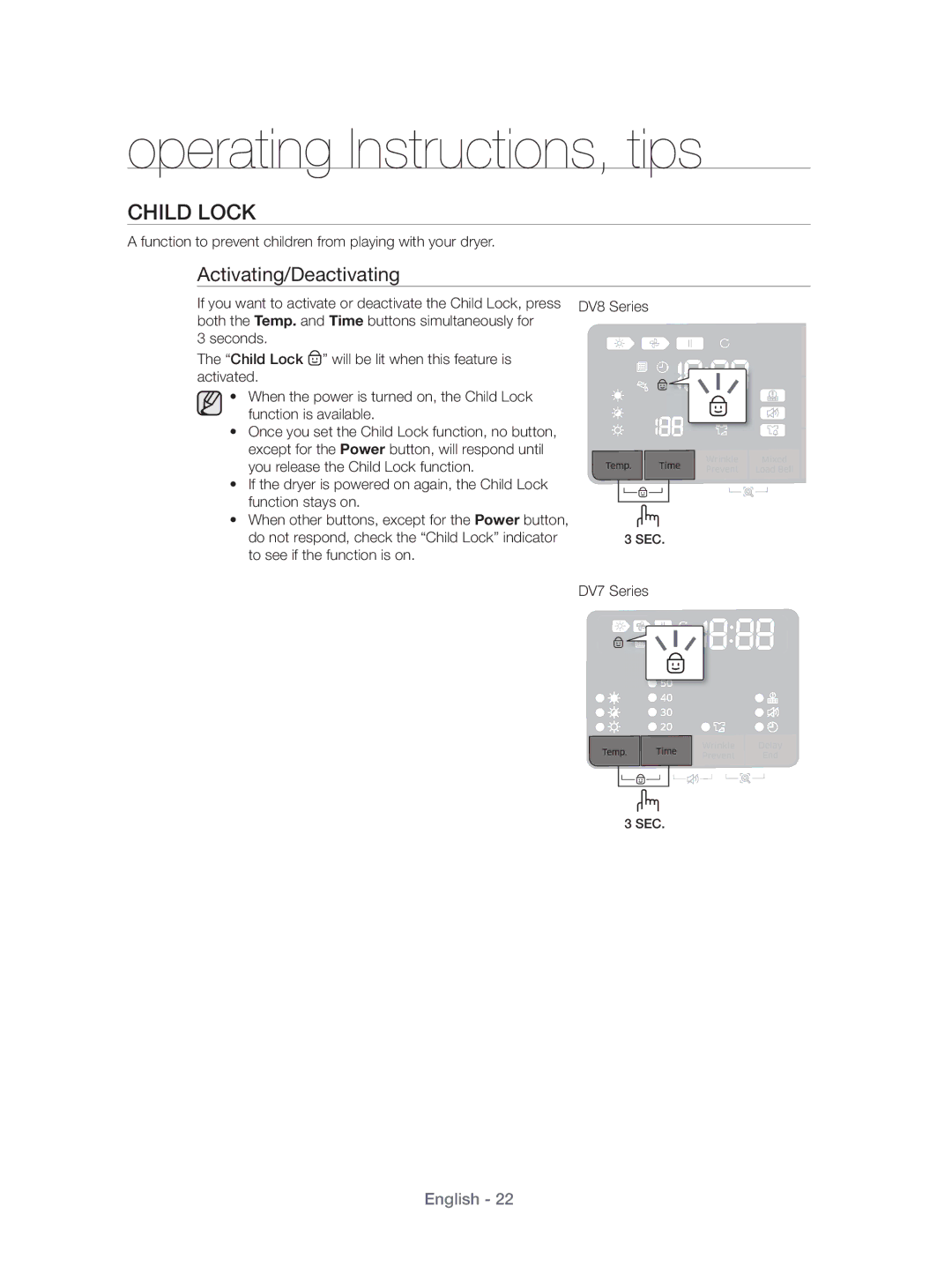 Samsung DV80H4100CW/KJ, DV70H4400CW/KJ manual Child Lock, Function to prevent children from playing with your dryer 