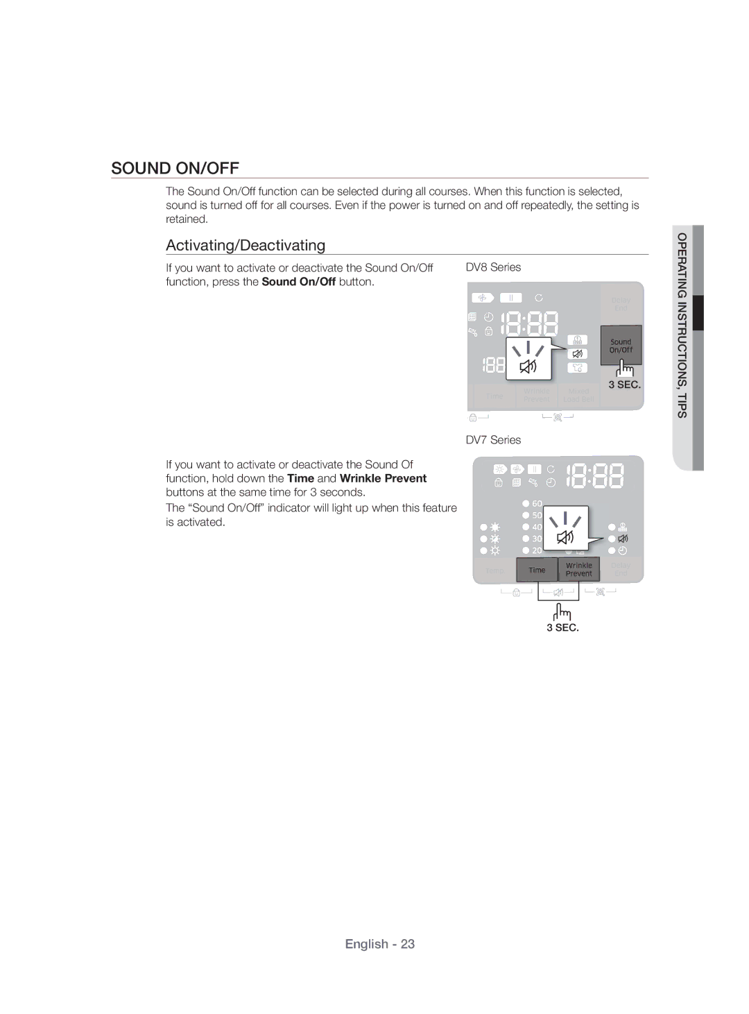 Samsung DV70H4400CW/KJ, DV80H4100CW/KJ manual Sound ON/OFF, If you want to activate or deactivate the Sound On/Off 