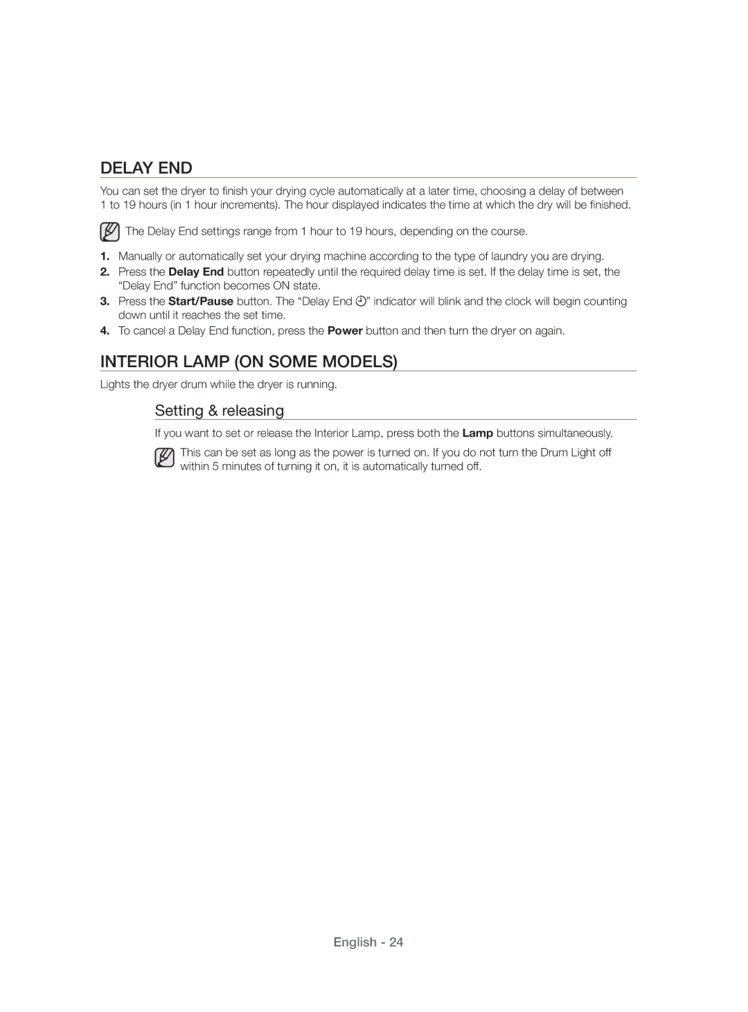 Samsung DV80H4100CW/KJ, DV70H4400CW/KJ manual Delay END, Interior Lamp on Some Models 